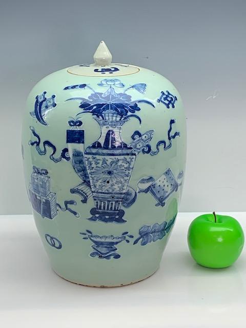 Mid 19th Century Chinese Blue and White Enamel on Celadon Antique Ginger Jar With Auspicious Objects