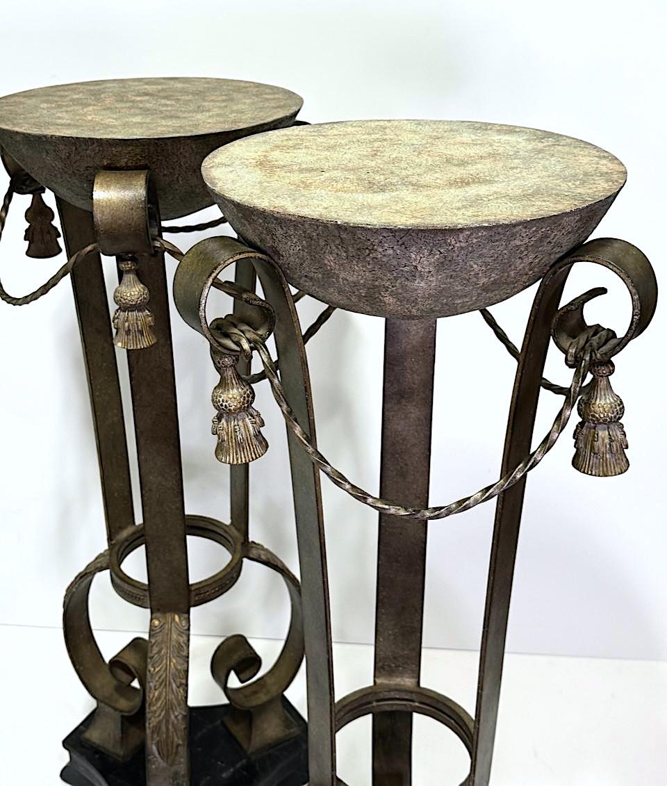 Hollywood Regency Bronzed Wrought Iron & Marble Pedestals Fern/Display Stands, a Pair