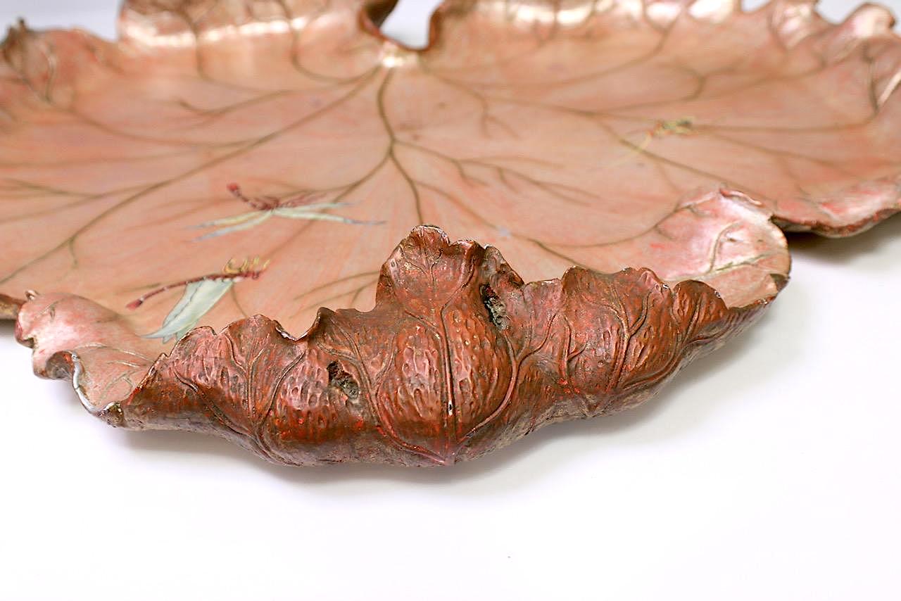 Large Italian Naturalistic Carved & Polychromed Wooden Leaf-Form Centerpiece Tray with Dragonflies and Insects