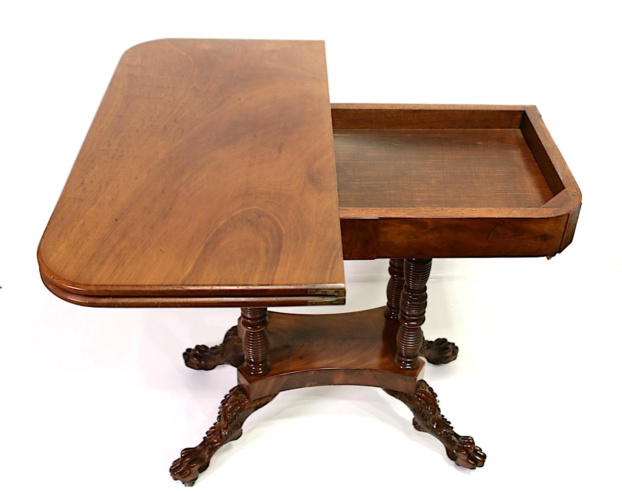 American Empire Figured Mahogany Antique Games or Console Table With Hairy Paw Feet, C 1825