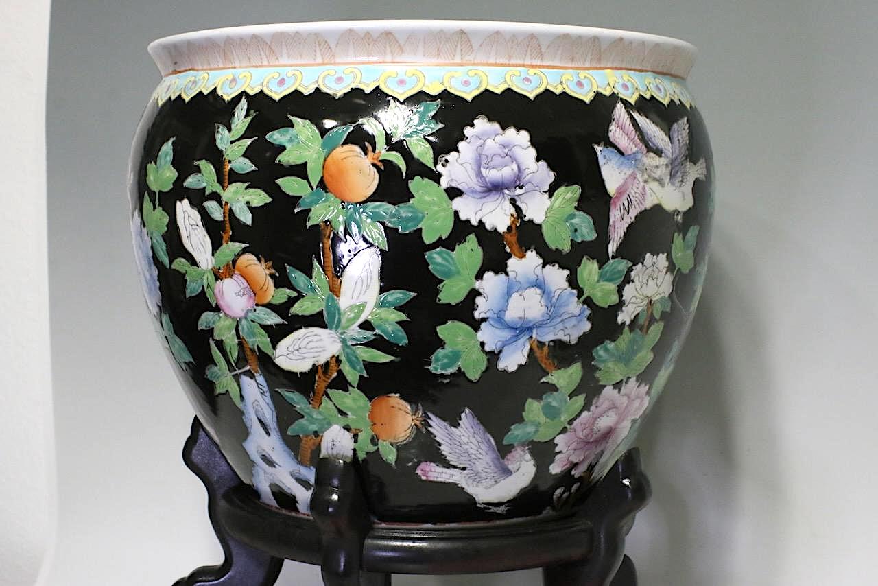 Large Vintage Chinese Famille Noire Black "Fish Bowl" Porcelain Planter with Wood Stand, Jingdezhen Hallmark