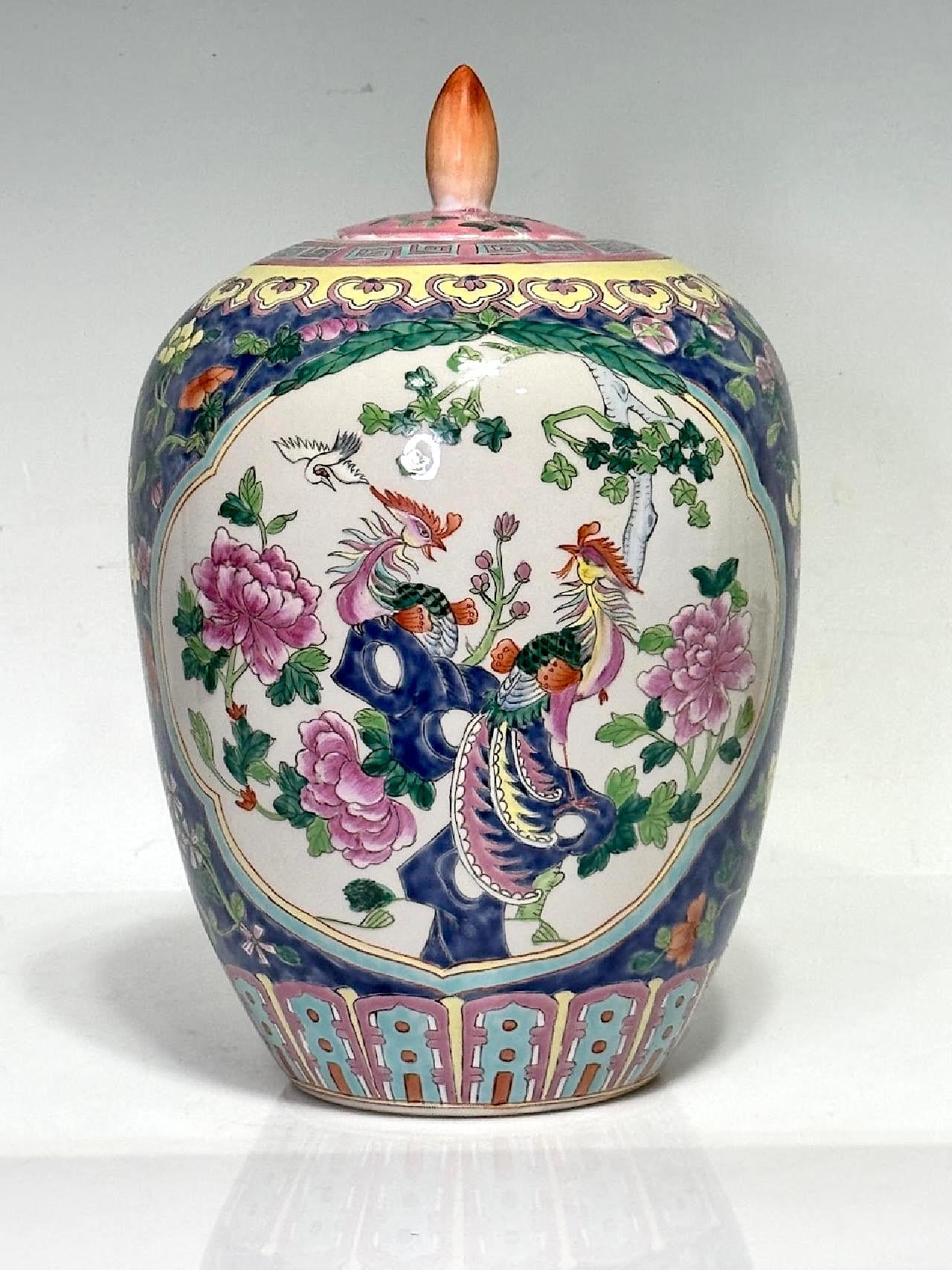 Vintage Chinese Peranakan Porcelain Ginger Jar with Exotic Birds and Colourful Flowers, Qianlong Dynasty Mark