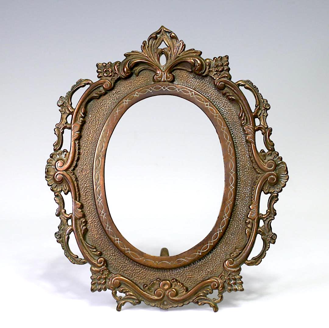 Antique Bronzed Easel Style Oval Portrait, Picture or Mirror Frame