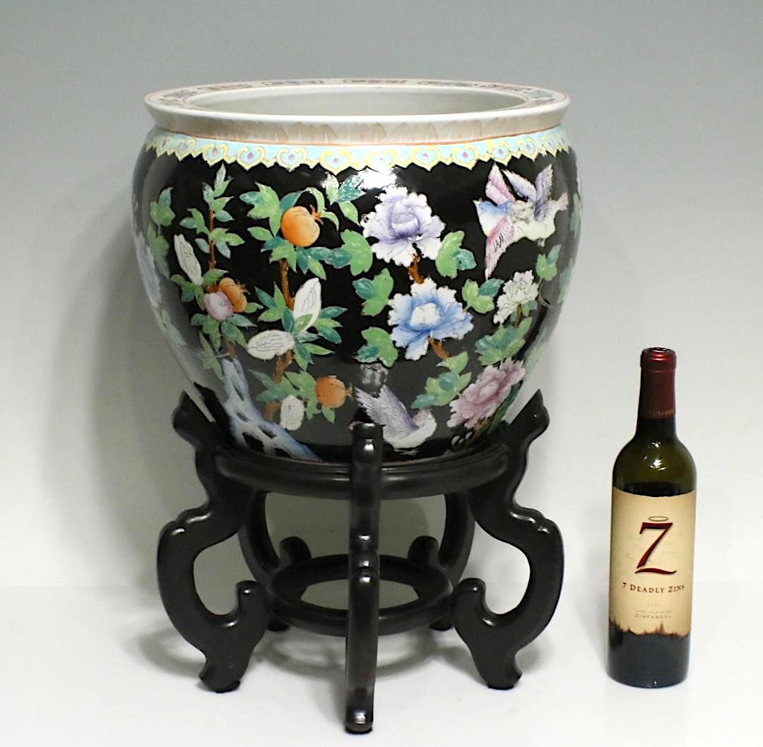 Large Vintage Chinese Famille Noire Black "Fish Bowl" Porcelain Planter with Wood Stand, Jingdezhen Hallmark