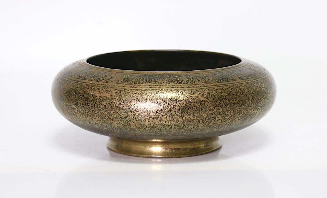 Antique Asian Engraved/Etched Bronze Pedestal Round Bowl or Catchall with Persian Design