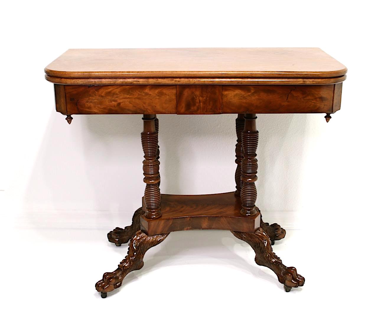 American Empire Figured Mahogany Antique Games or Console Table With Hairy Paw Feet, C 1825