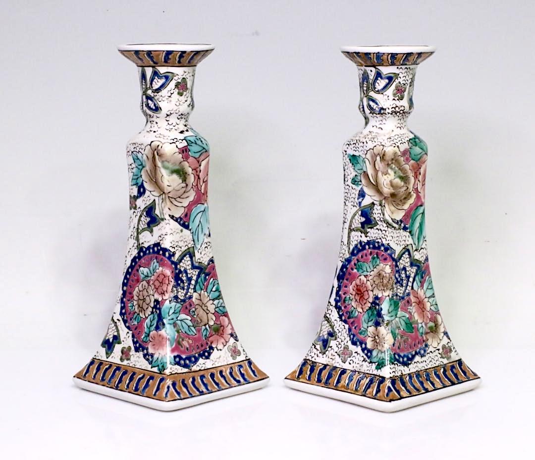 Vintage Chinese Porcelain Famille Rose Floral Candlesticks, Hong Kong, A Pair