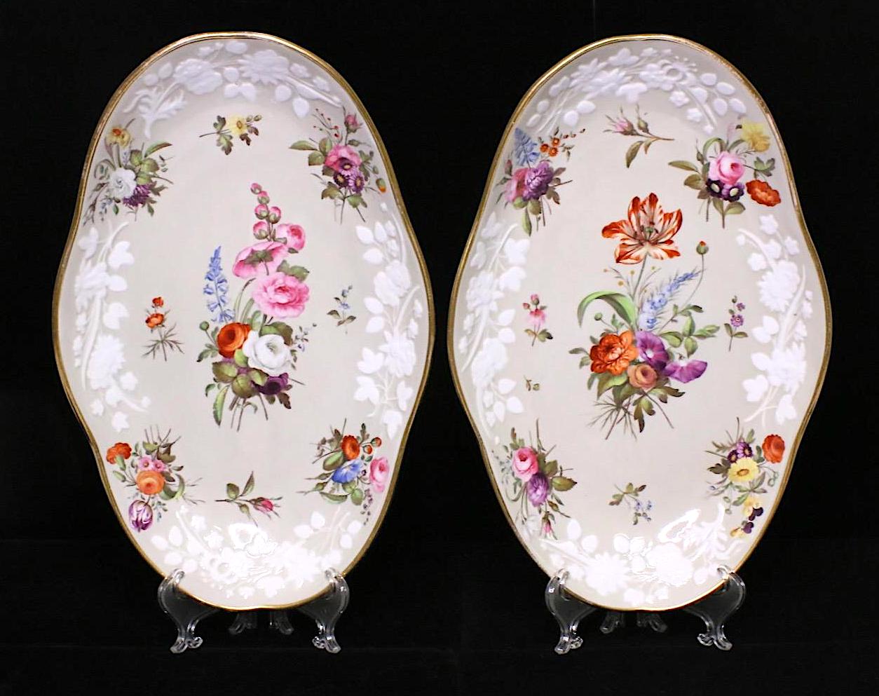 Antique Hand Painted Spode White Porcelain Platters with English Hand Painted Wild Flowers