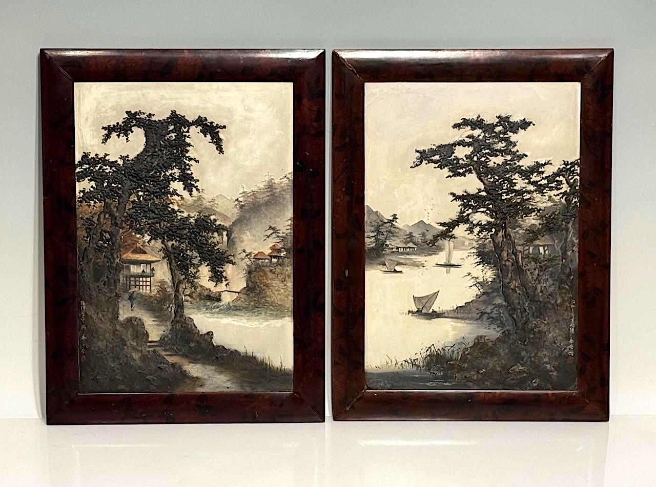 Rare Antique 19th. Century Edo Japanese Framed Lake and Landscape Signed Oil Paintings on Board, a Pair