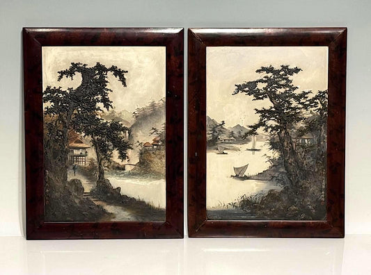 Rare Antique 19th. Century Edo Japanese Framed Lake and Landscape Signed Oil Paintings on Board, a Pair