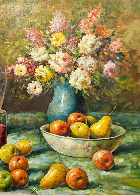 Vintage Large Scale Original Oil on Canvas Impressionistic Still Life of Fruit & Flowers, Signed W. Adam