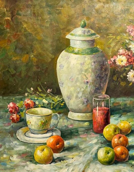 Vintage Large Scale Original Oil on Canvas Impressionistic Still Life of Fruit & Flowers, Signed W. Adam