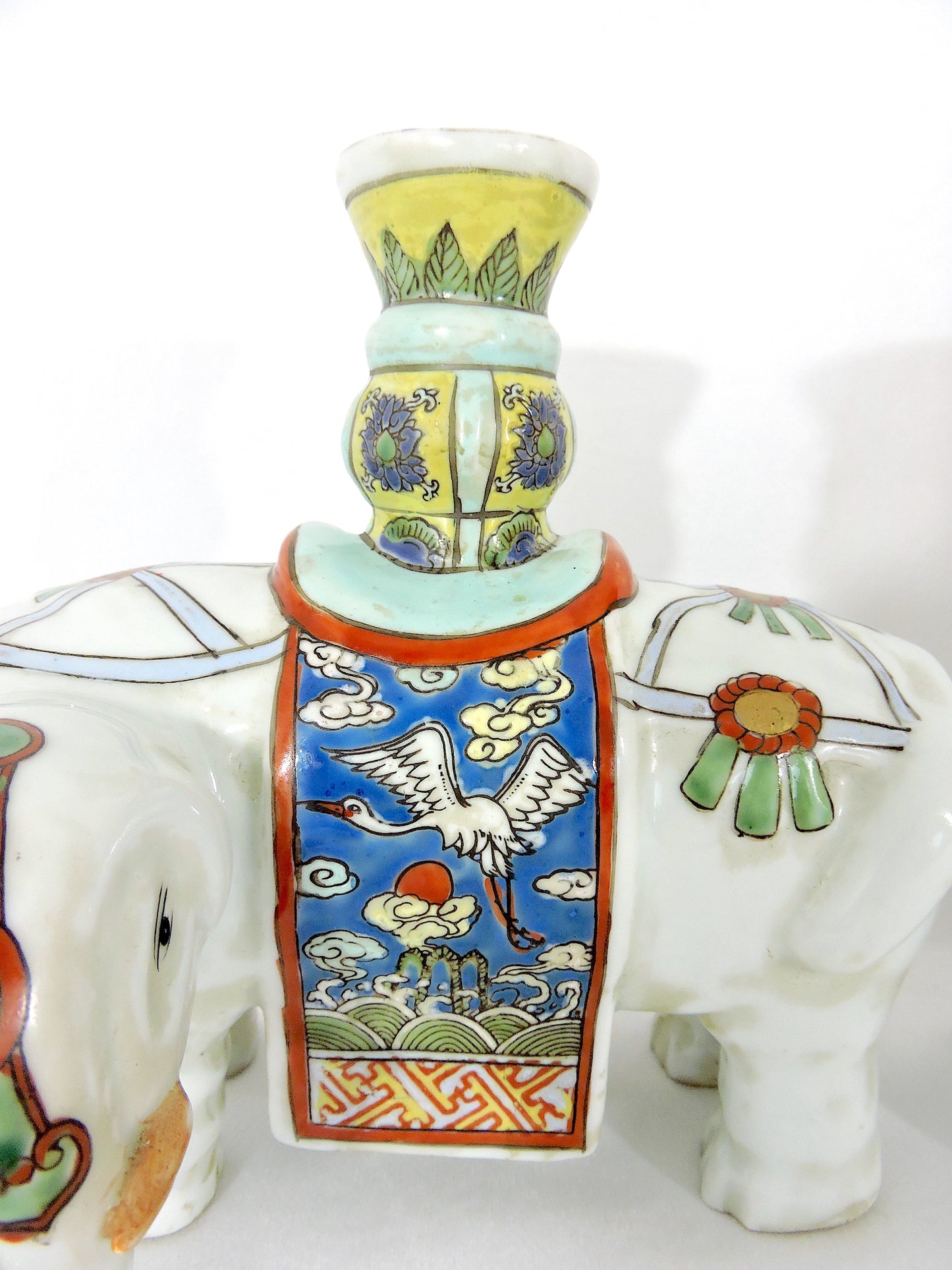 Antique Chinese Export White Caparisoned Elephant Famille Jaune Candleholders / Joss Stick Holders - a Pair