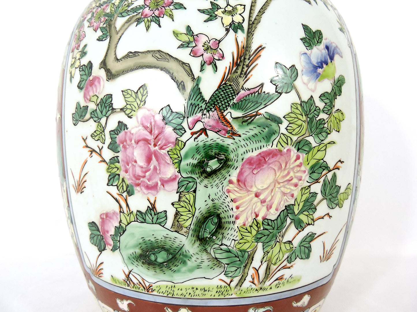 Large Antique Chinese Famille Rose Floral Porcelain Floral Ginger Jar With Phoenix, Tongzhi Mark 1862-1874