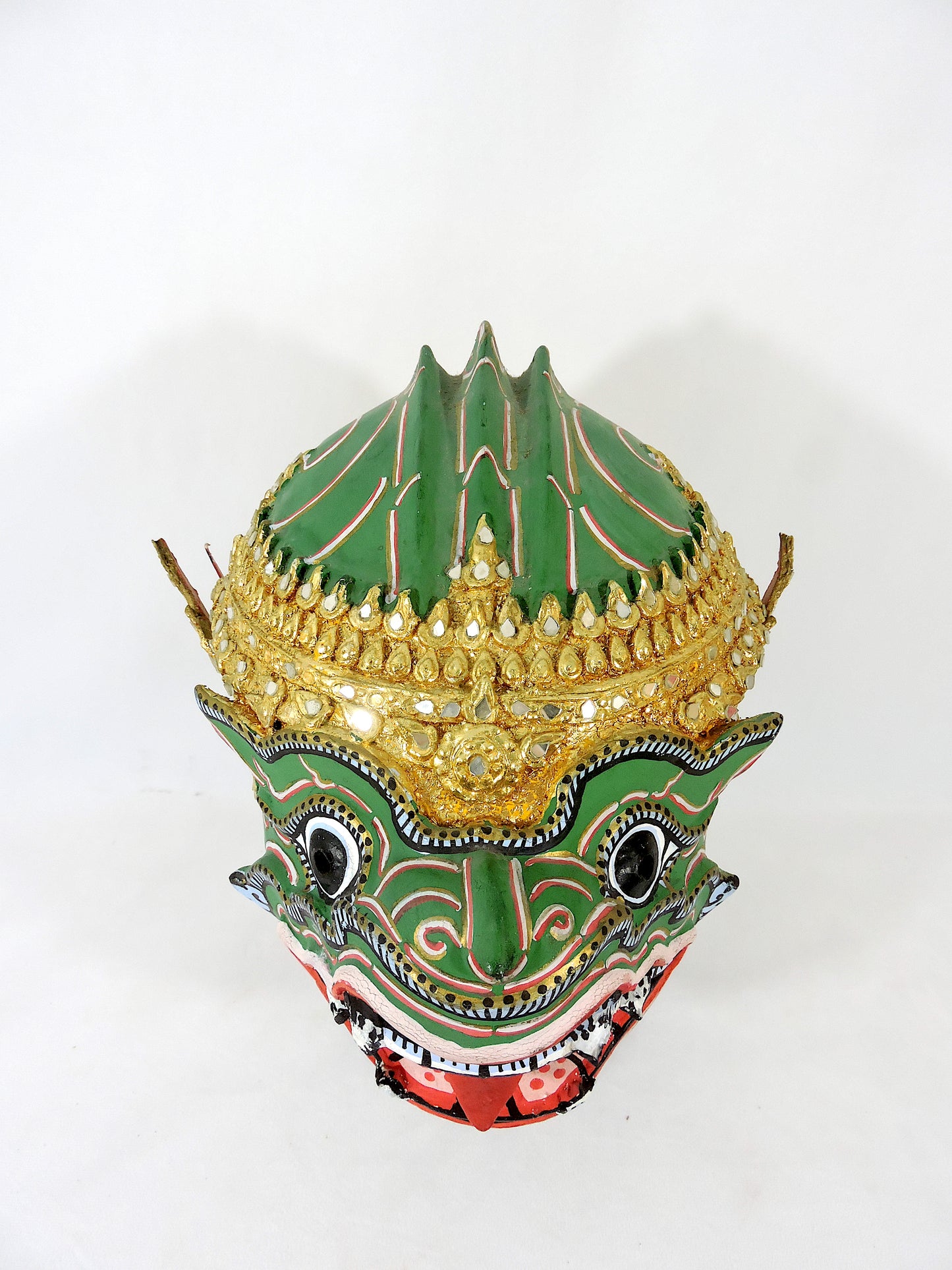 1980's Handmade Paper Mache Thai Hanuman Mask & Stand - Ramayana Head Dress, 13.5"