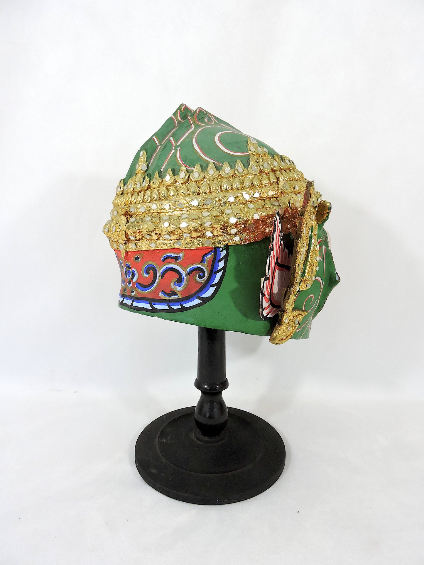 1980's Handmade Paper Mache Thai Hanuman Mask & Stand - Ramayana Head Dress, 13.5"