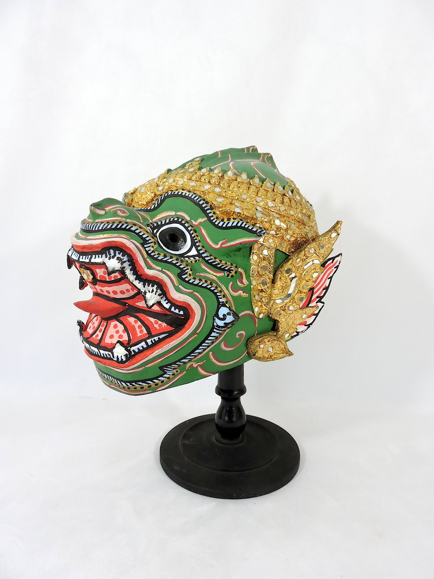 1980's Handmade Paper Mache Thai Hanuman Mask & Stand - Ramayana Head Dress, 13.5"