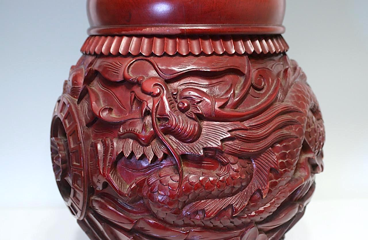 Chinese Red Lacquer Wood Rice Storage Barrels Containers / Dragon Stools With Phoenix, 5 Available