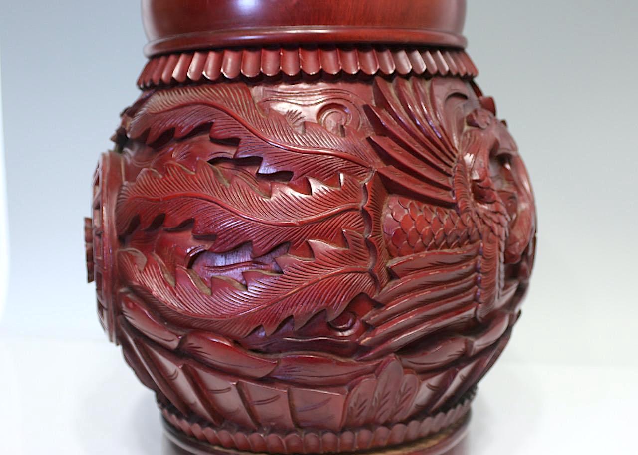 Chinese Red Lacquer Wood Rice Storage Barrels Containers / Dragon Stools With Phoenix, 5 Available