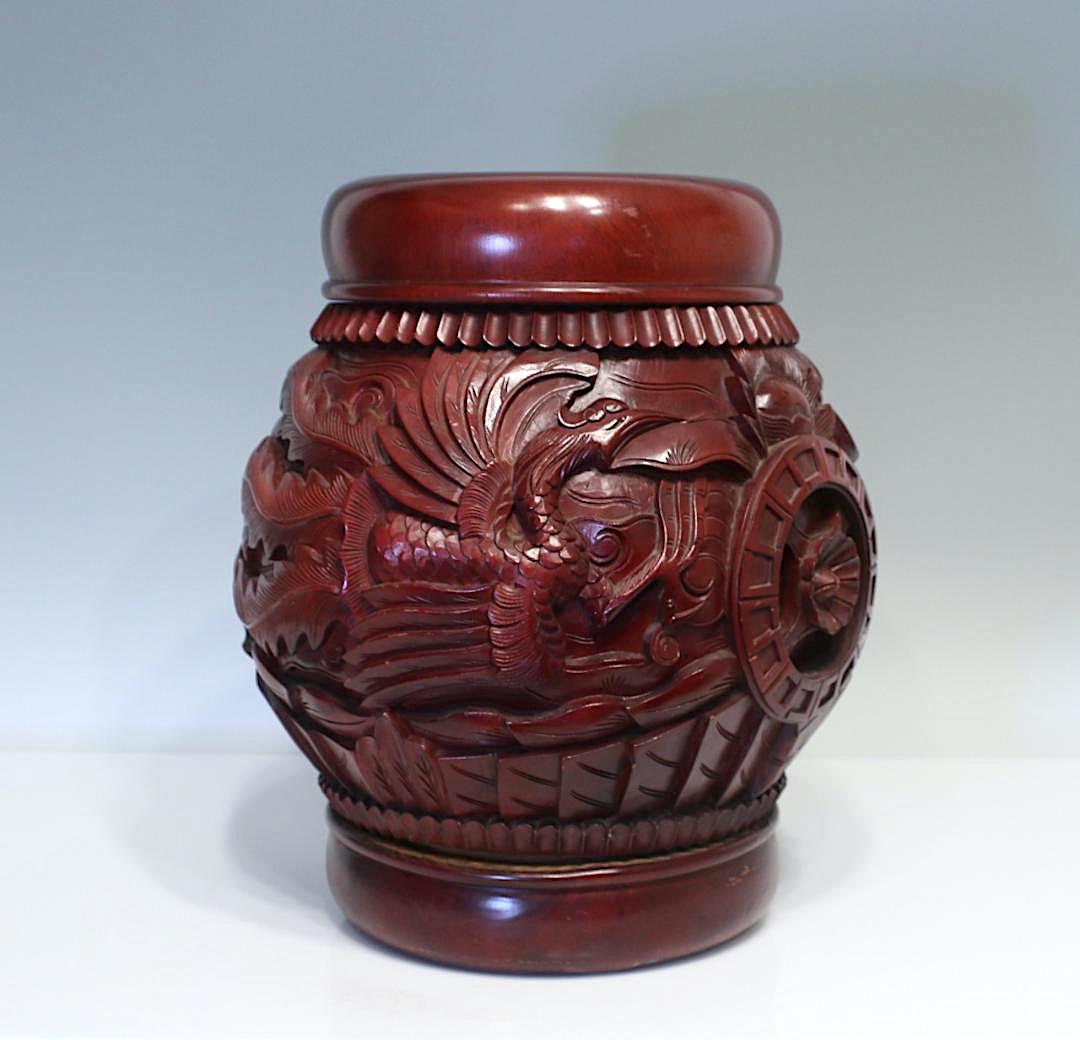 Chinese Red Lacquer Wood Rice Storage Barrels Containers / Dragon Stools With Phoenix, 5 Available