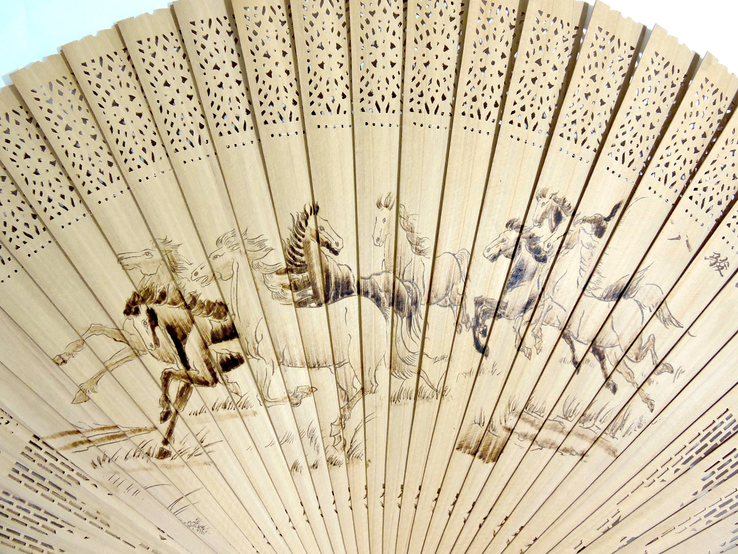 Large Chinese Wood Fan Hand Painted with Wild Running Horses W35"