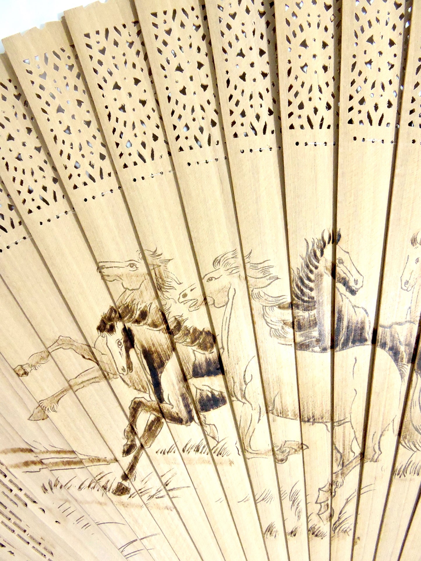 Large Chinese Wood Fan Hand Painted with Wild Running Horses W35"