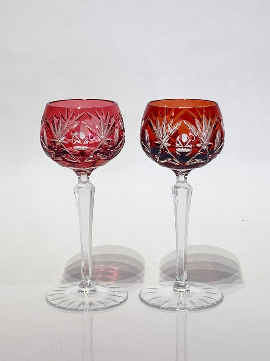 Set of 2 Cranberry Cut to Clear Bohemian Cased Glass Wine Goblets