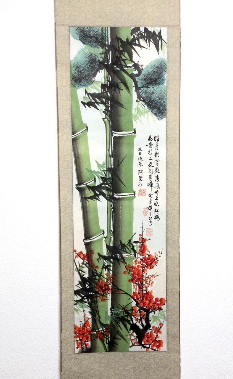 Vintage Chinese Bamboo & Red Cherry Blossom Scroll, Original Hand Painted Wall Hanging