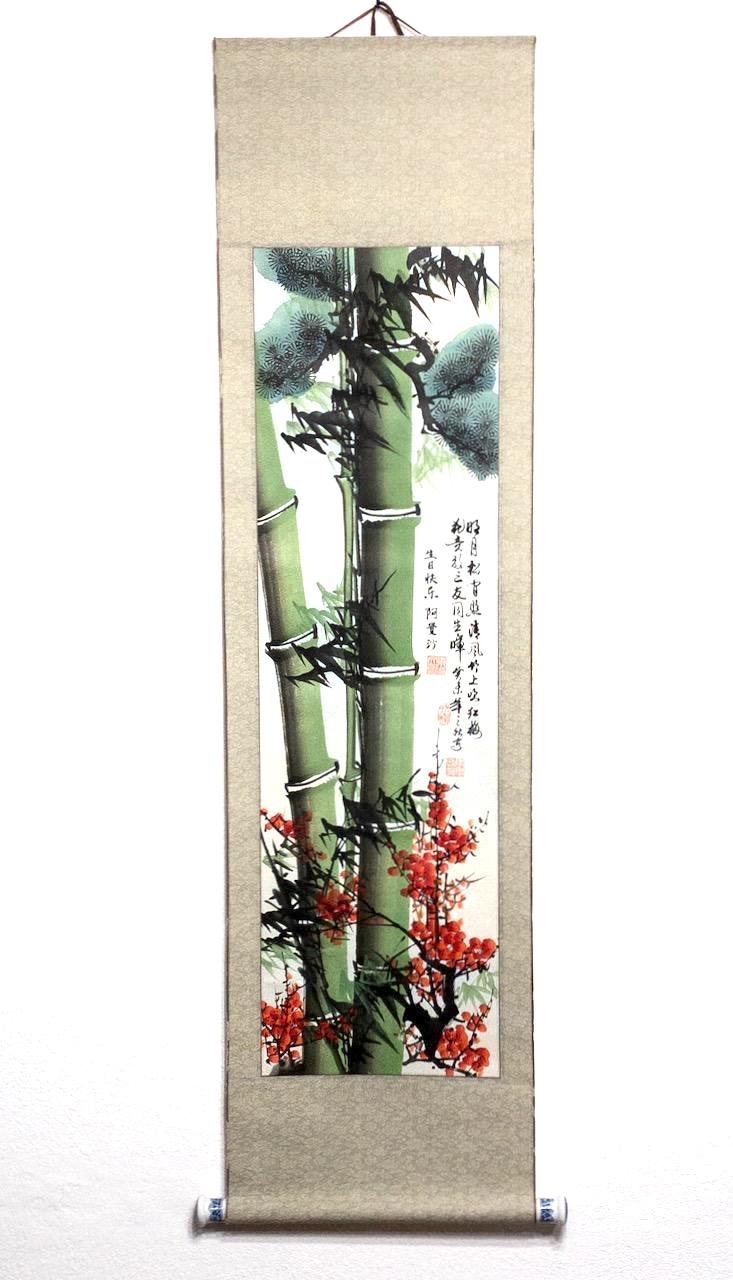 Vintage Chinese Bamboo & Red Cherry Blossom Scroll, Original Hand Painted Wall Hanging