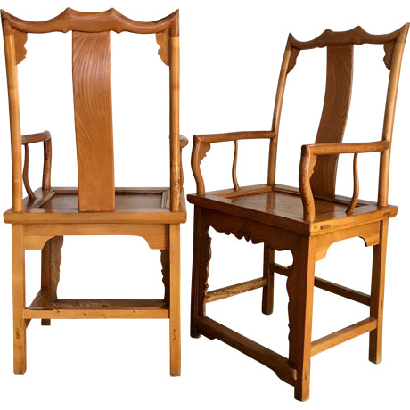 High Back Antique Chinese Officials Golden Elm Wood Yoke Back Armchairs or Side Chairs - a Pair