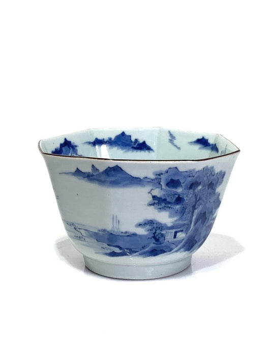 18th. Century Octagonal Antique Chinese Porcelain Bleu De Hue (Blue & White) Landscape Bowl