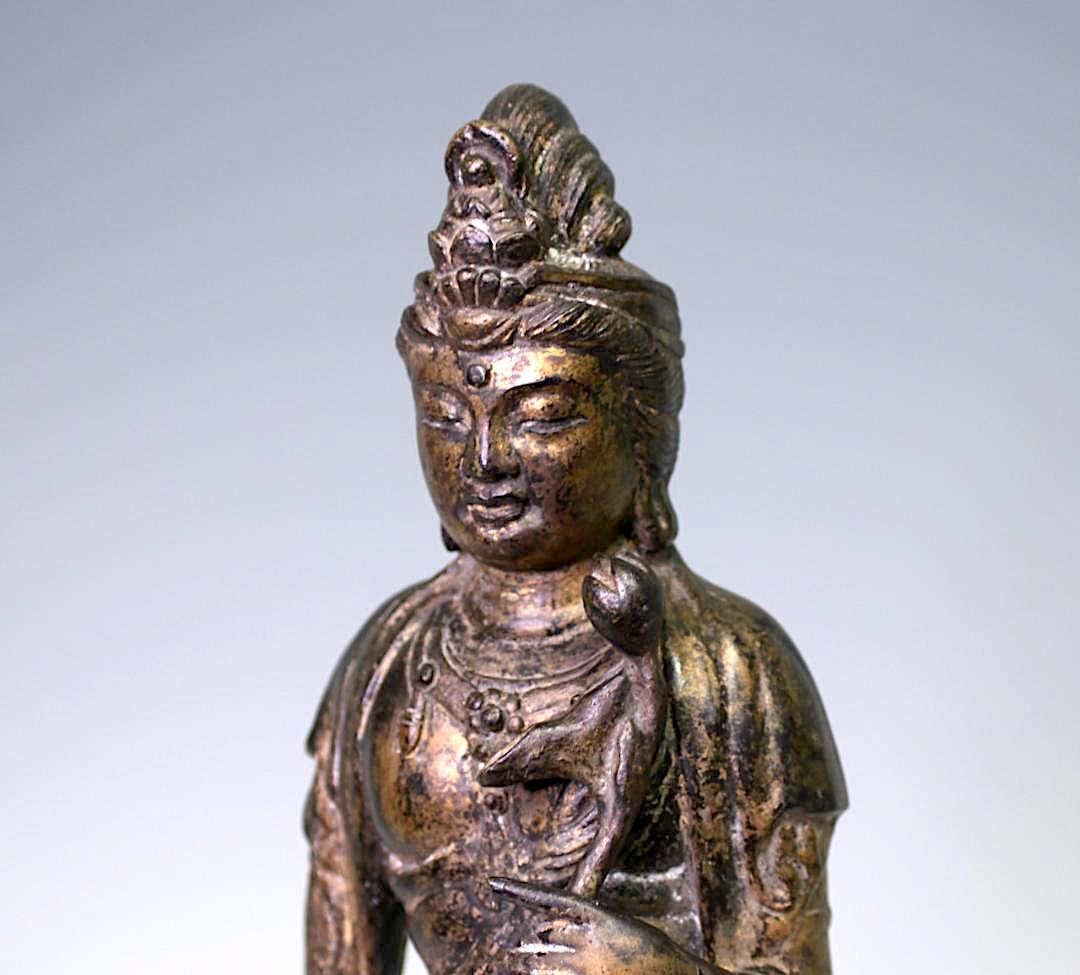 19th Century Antique Chinese Bronze & Parcel Gilt Figure of Guan Yin Standing on Lotus Platform