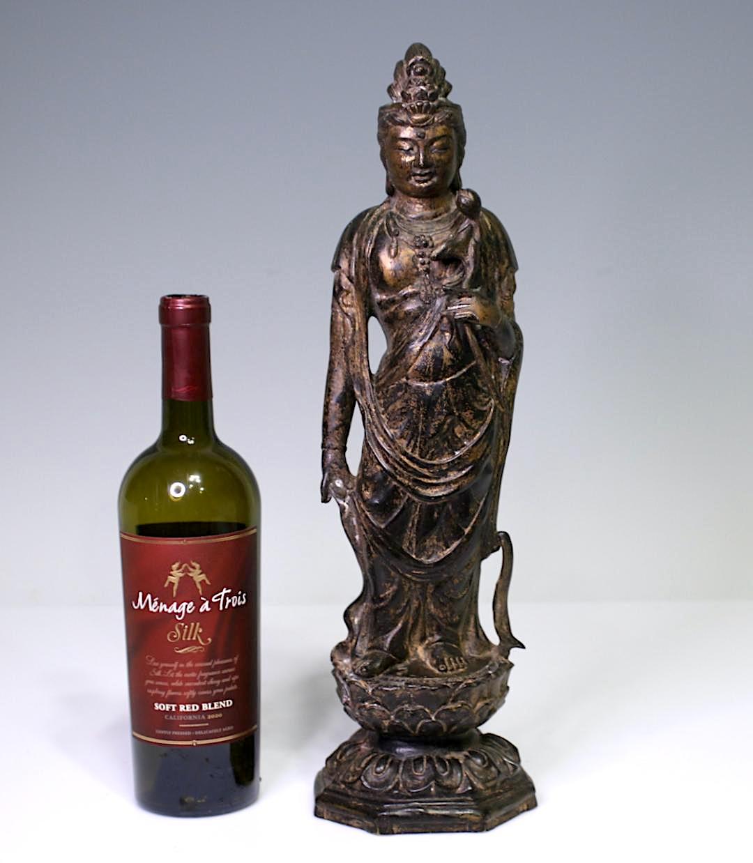 19th Century Antique Chinese Bronze & Parcel Gilt Figure of Guan Yin Standing on Lotus Platform