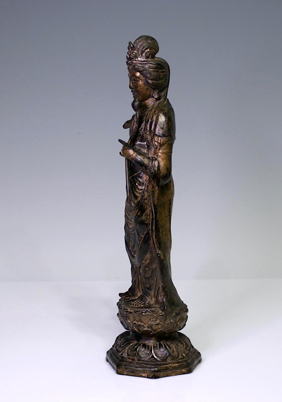 19th Century Antique Chinese Bronze & Parcel Gilt Figure of Guan Yin Standing on Lotus Platform