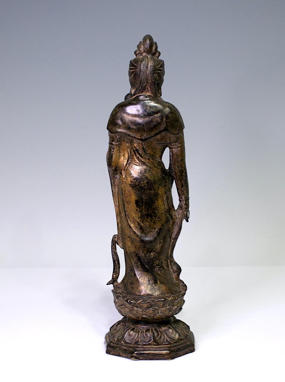 19th Century Antique Chinese Bronze & Parcel Gilt Figure of Guan Yin Standing on Lotus Platform