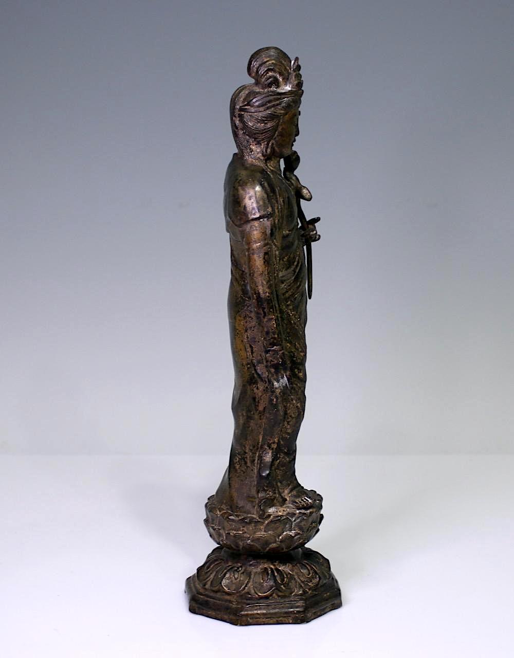 19th Century Antique Chinese Bronze & Parcel Gilt Figure of Guan Yin Standing on Lotus Platform