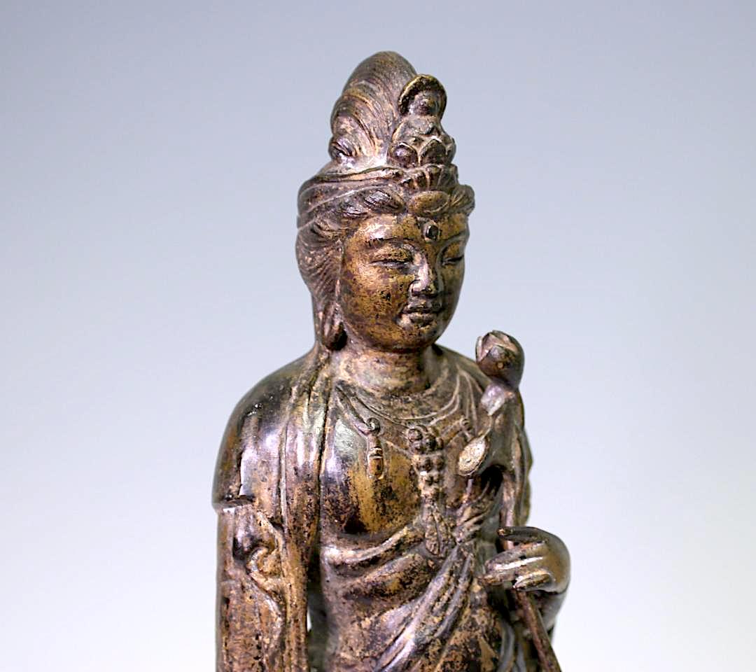 19th Century Antique Chinese Bronze & Parcel Gilt Figure of Guan Yin Standing on Lotus Platform