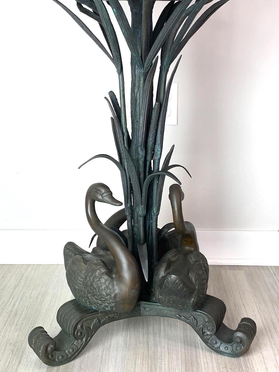 Vintage Bronze Basket Form Pedestal Plant Stand or Planter With Swans With Cattails