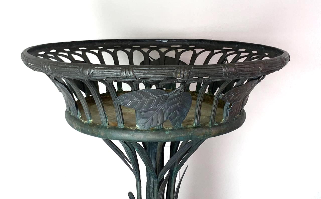 Vintage Bronze Basket Form Pedestal Plant Stand or Planter With Swans With Cattails