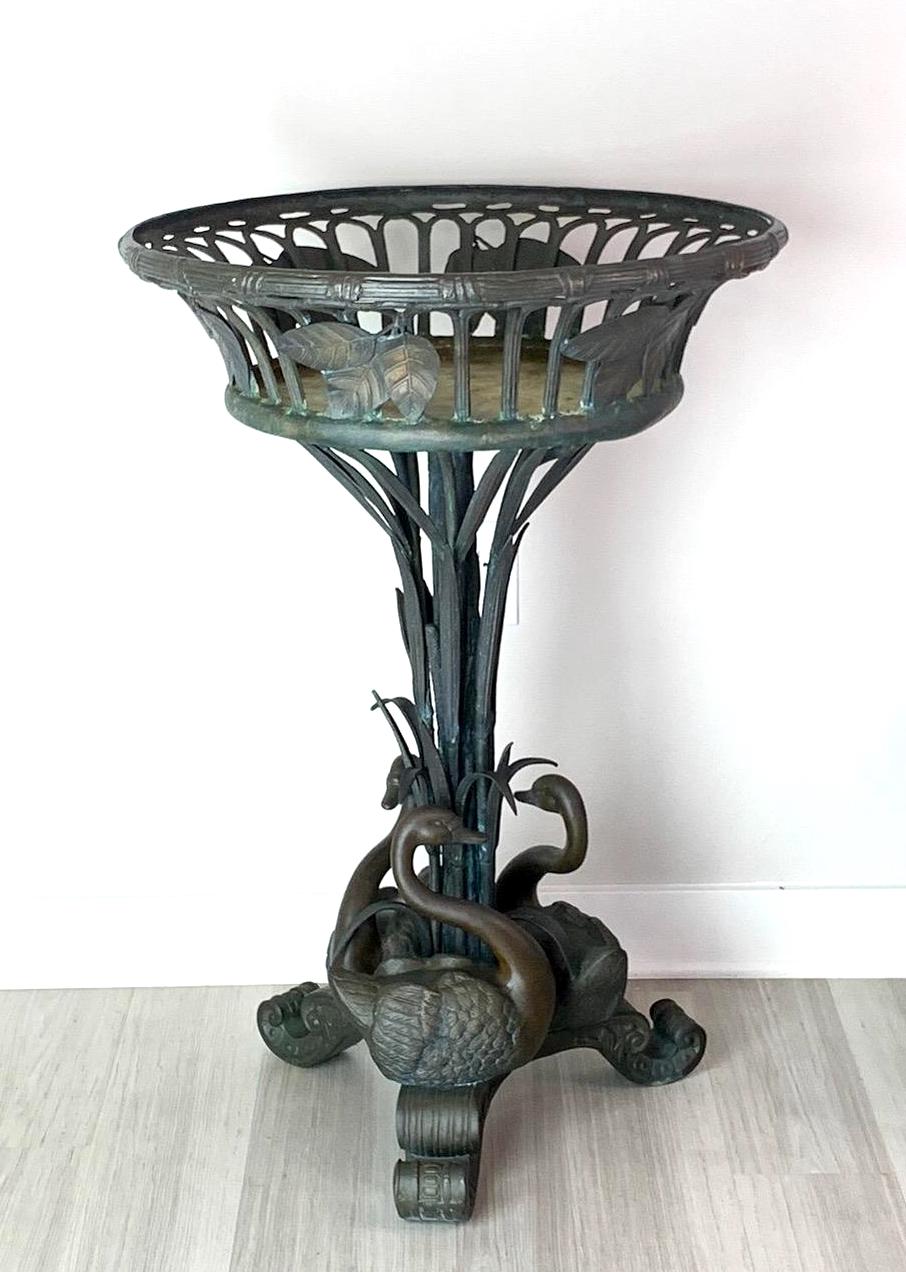 Vintage Bronze Basket Form Pedestal Plant Stand or Planter With Swans With Cattails