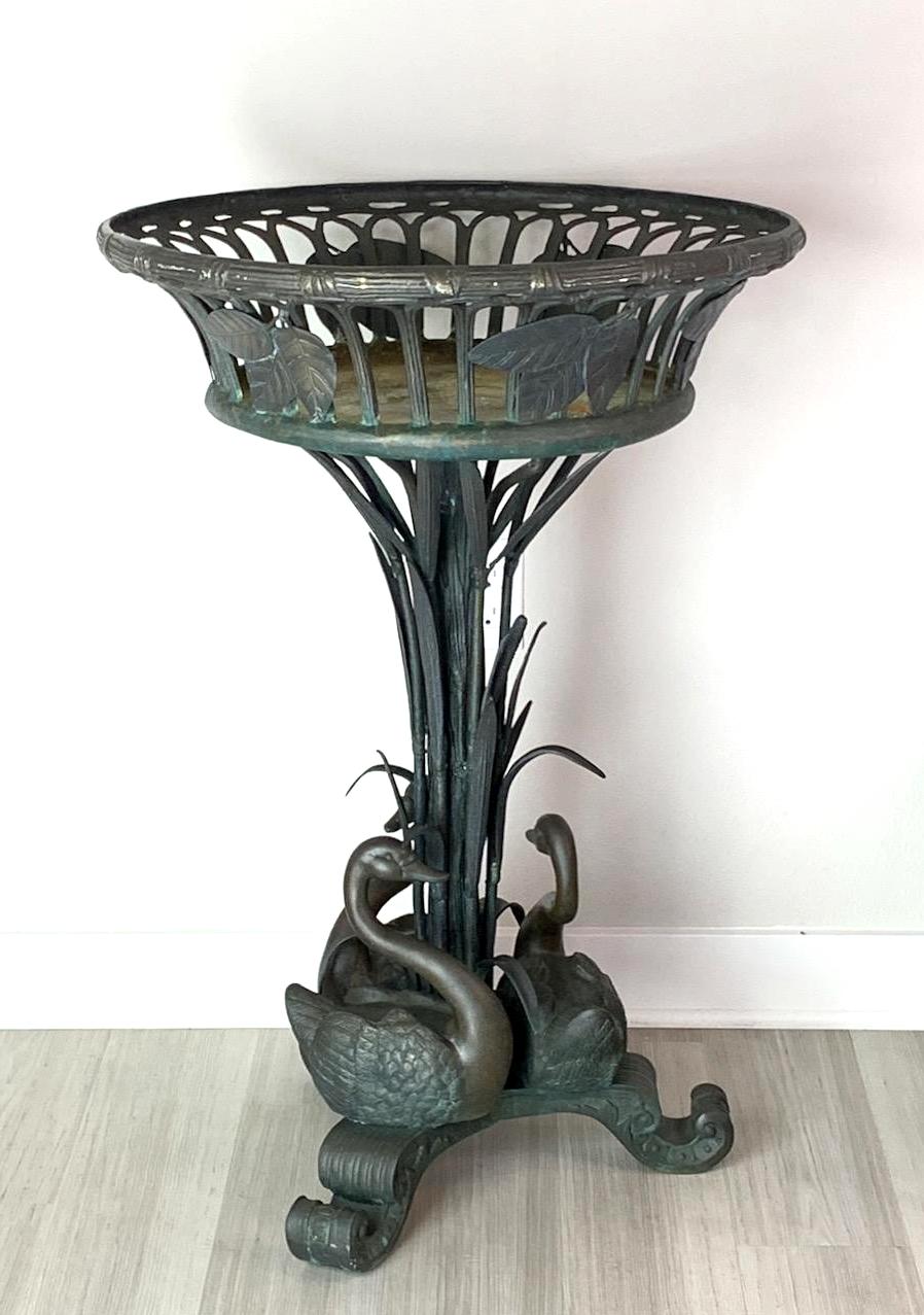 Vintage Bronze Basket Form Pedestal Plant Stand or Planter With Swans With Cattails