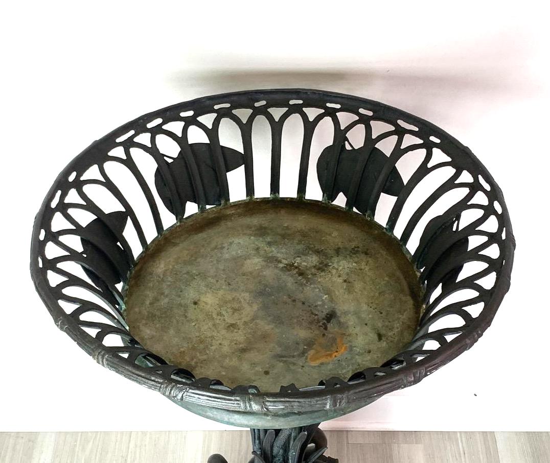 Vintage Bronze Basket Form Pedestal Plant Stand or Planter With Swans With Cattails