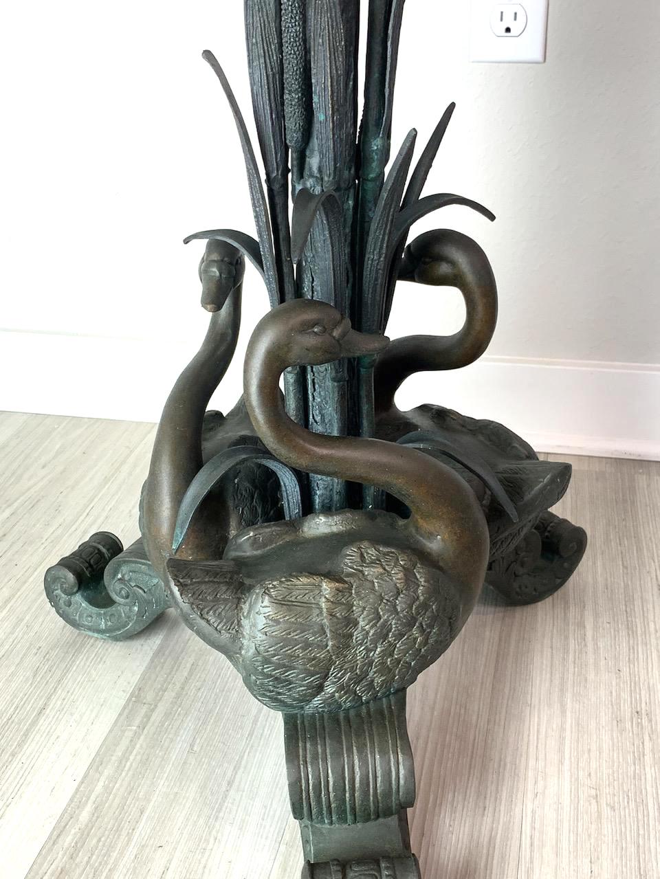 Vintage Bronze Basket Form Pedestal Plant Stand or Planter With Swans With Cattails