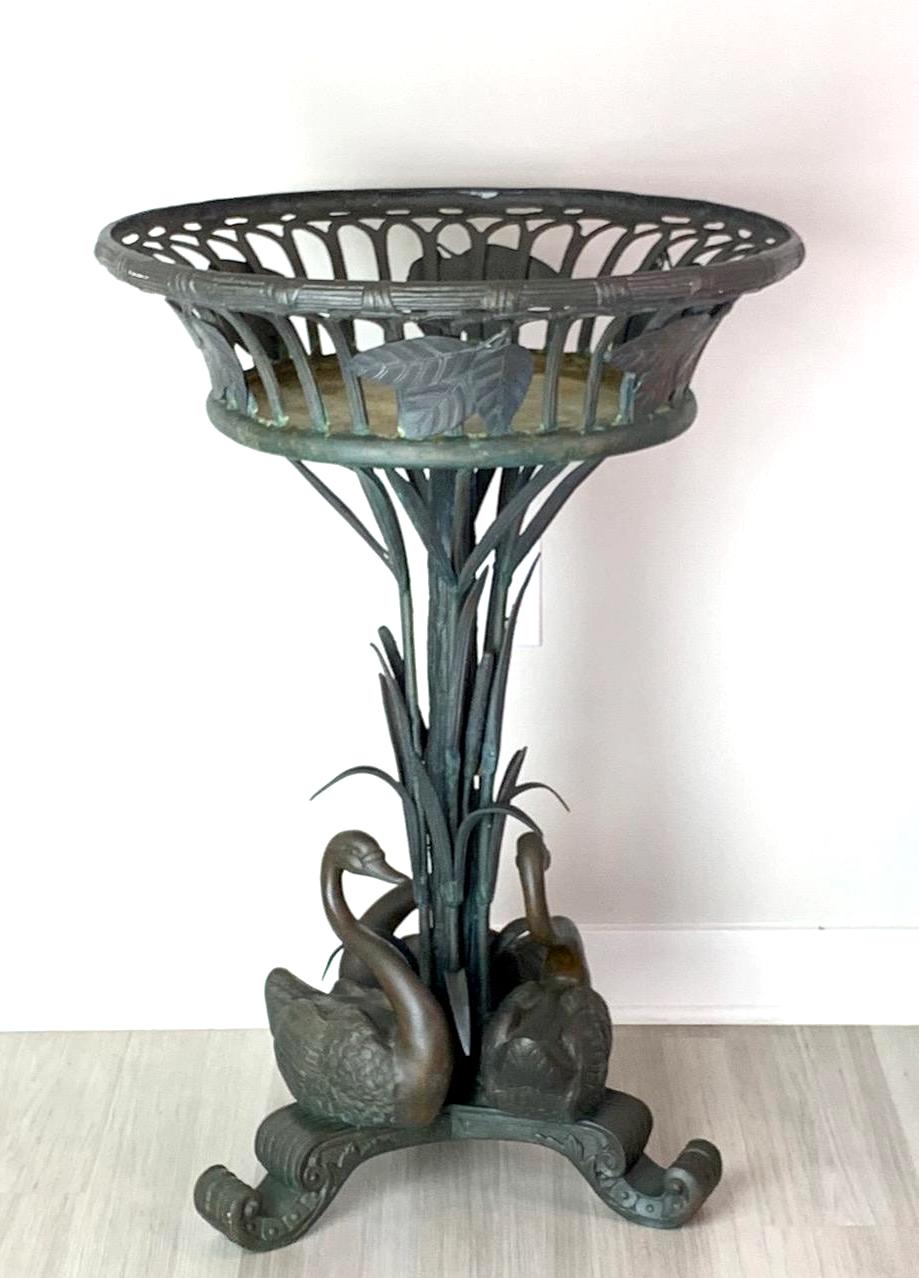 Vintage Bronze Basket Form Pedestal Plant Stand or Planter With Swans With Cattails