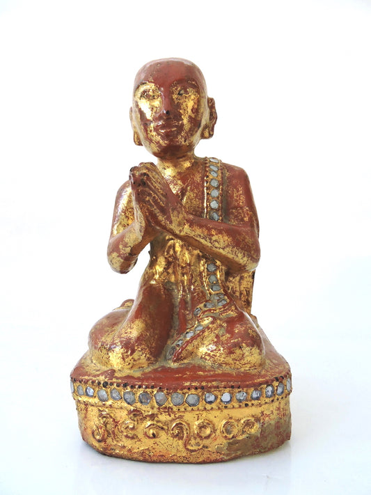 Antique Burmese Gold & Red Lacquered Monk Statue or Figure, 19th Century