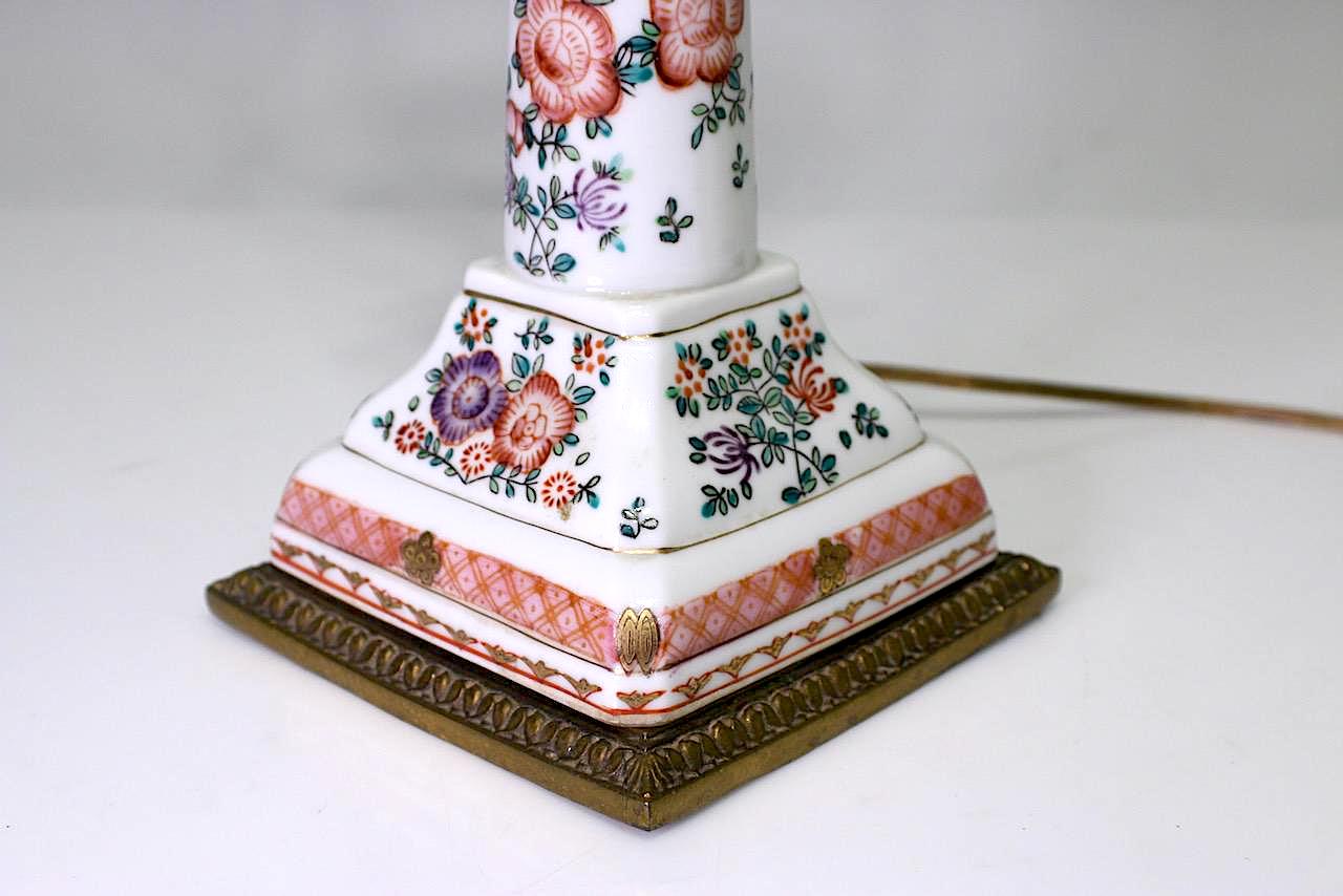 Large Antique Chinoiserie White Porcelain Candlestick Lamp Conversion With Pink Flowers, Samson Style