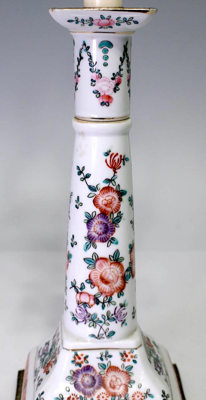 Large Antique Chinoiserie White Porcelain Candlestick Lamp Conversion With Pink Flowers, Samson Style