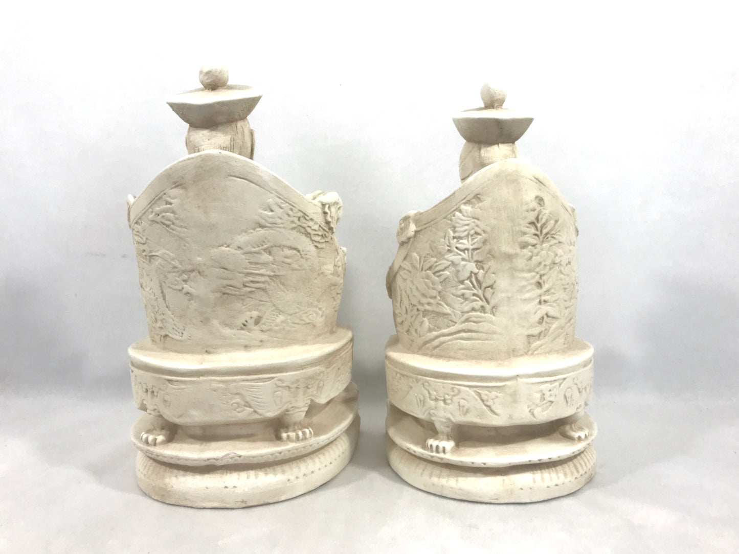 Mid Century Chinese Chalk Ware Empress and Emperor Figures (Bookends) on Dragon Thrones, a Pair