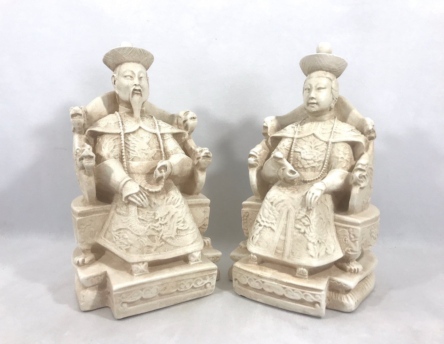 Mid Century Chinese Chalk Ware Empress and Emperor Figures (Bookends) on Dragon Thrones, a Pair