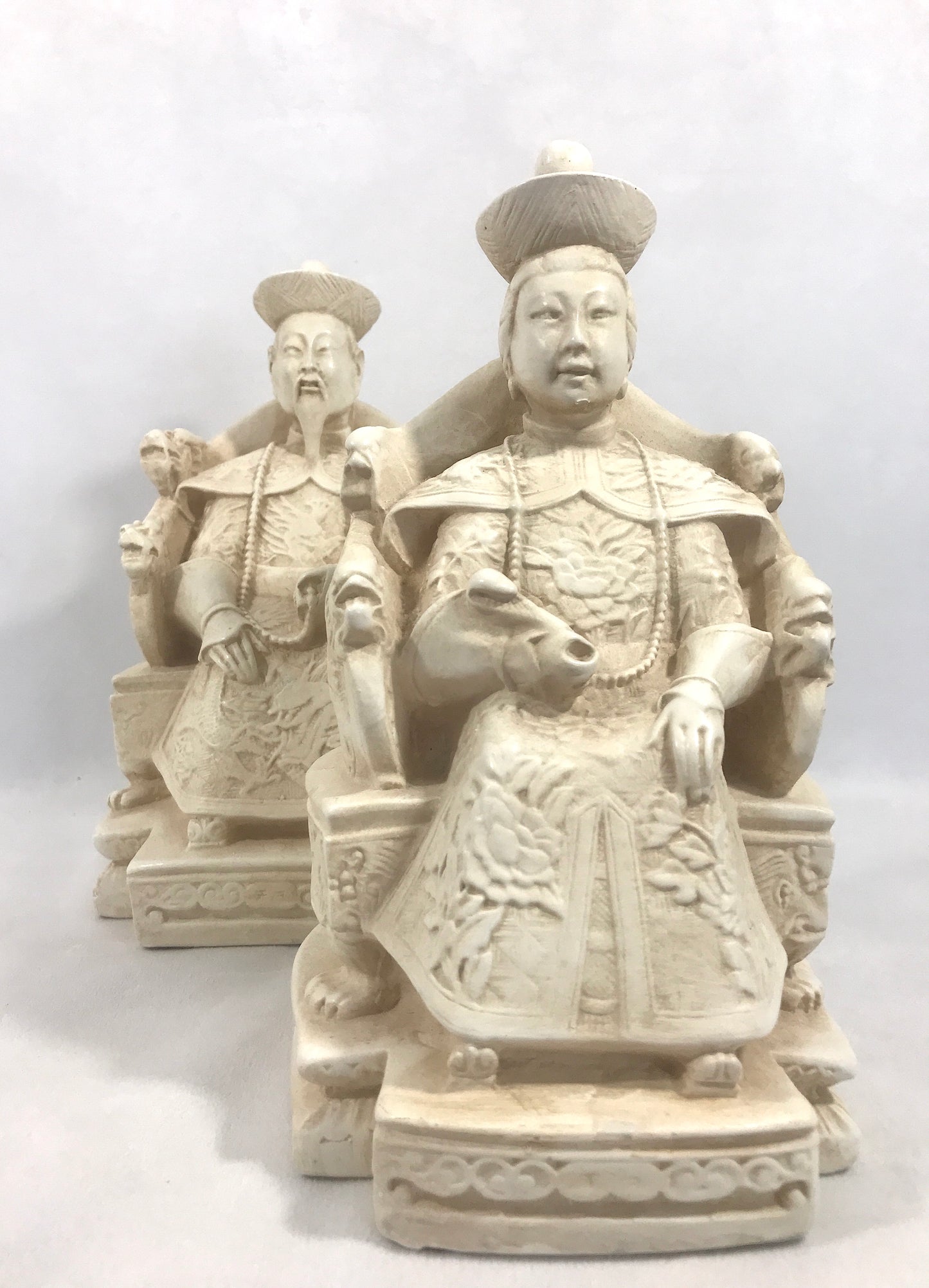 Mid Century Chinese Chalk Ware Empress and Emperor Figures (Bookends) on Dragon Thrones, a Pair